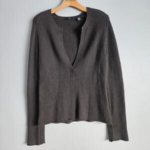 Teenflo Sweater Large Dark Brown Cozy Soft Cashmere V-Neck Pullover Minimalist